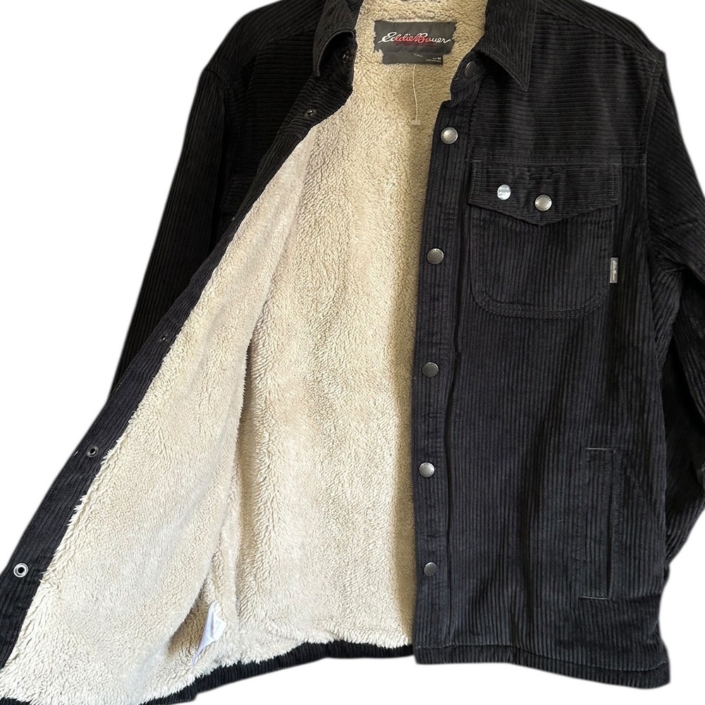 Eddie Bauer Men Black Corduroy Sherpa Lined Shirt Jacket Shacket M Gorpcore NWOT - Picture 2 of 11